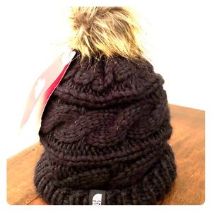 NORTHFACE Triple Cable and Fur Pom Beanie
